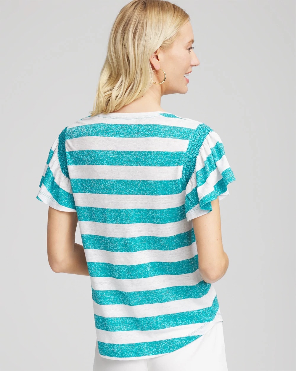 Chico's - Linen Metallic Striped Flutter-Sleeve Tee
