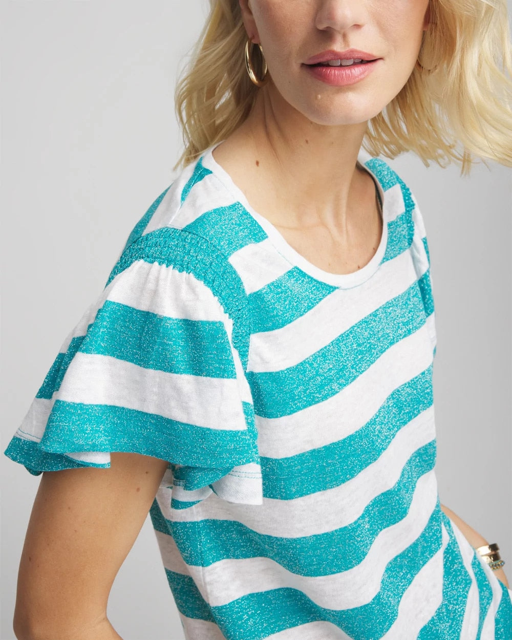 Chico's - Linen Metallic Striped Flutter-Sleeve Tee