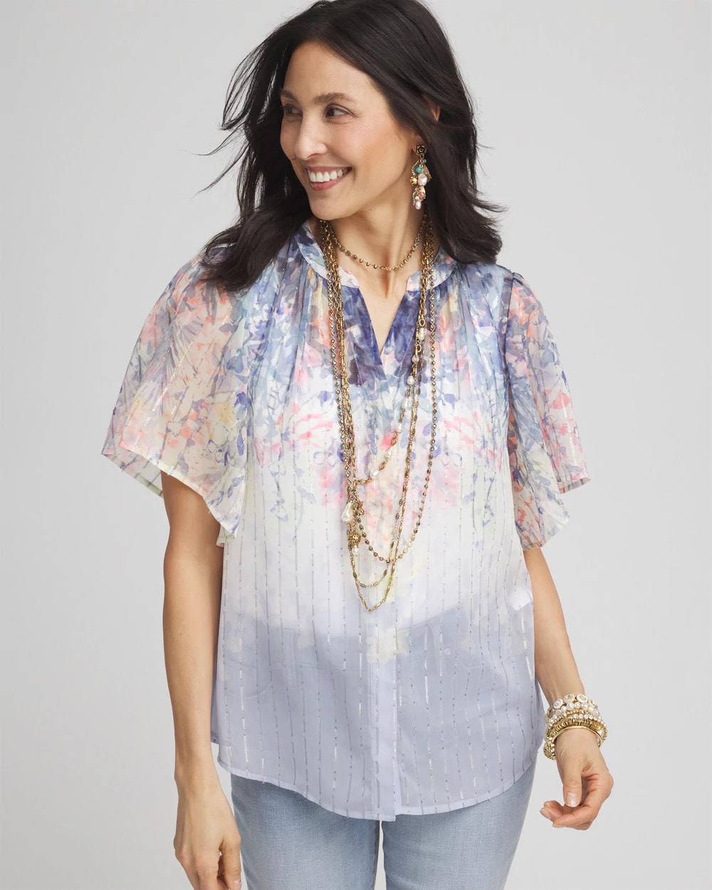 Chico's - Jacquard Flutter-Sleeve Blouse