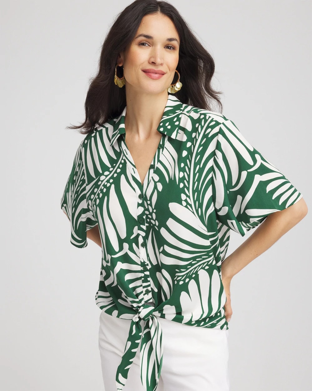 Chico's - Palm Print Tie-Front Silky Top