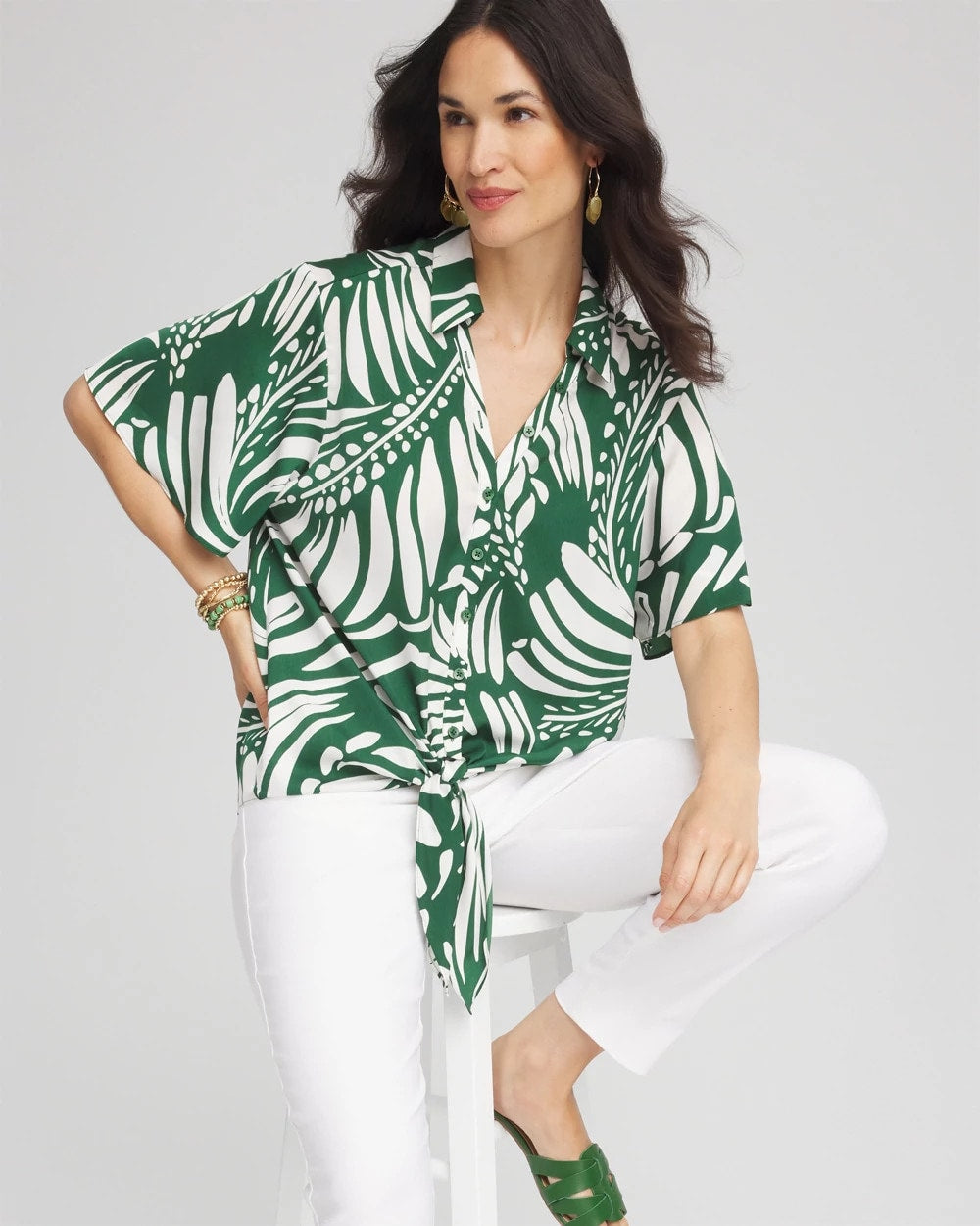 Chico's - Palm Print Tie-Front Silky Top