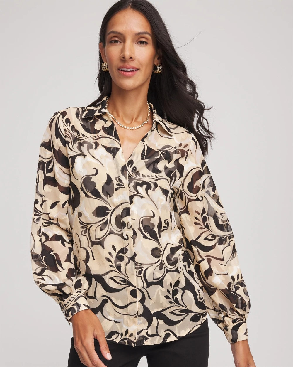 Chico's - Floral Burnout Blouson-Sleeve Blouse