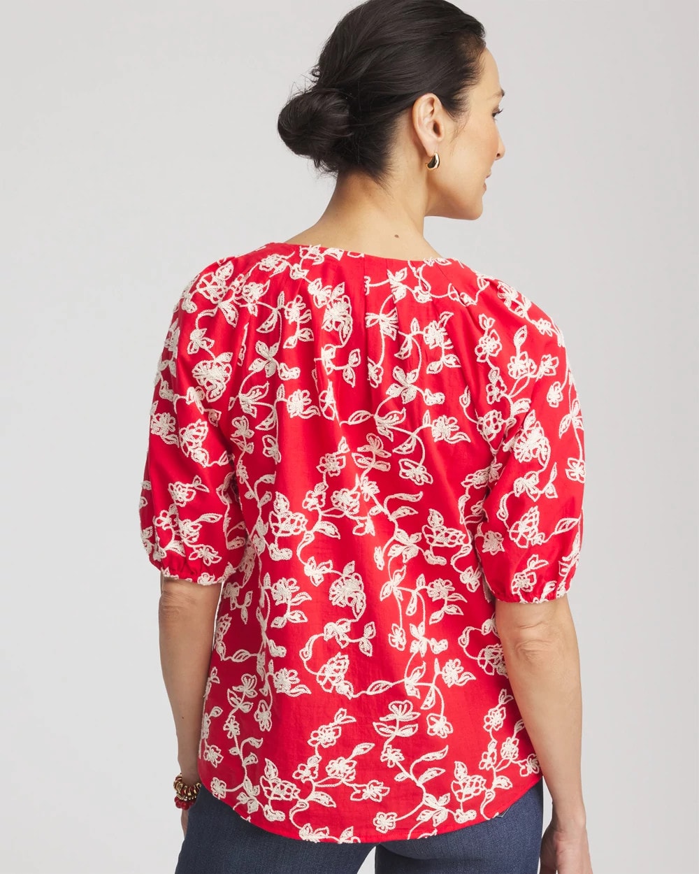 Chico's - Floral Embroidered Cotton Peasant Blouse