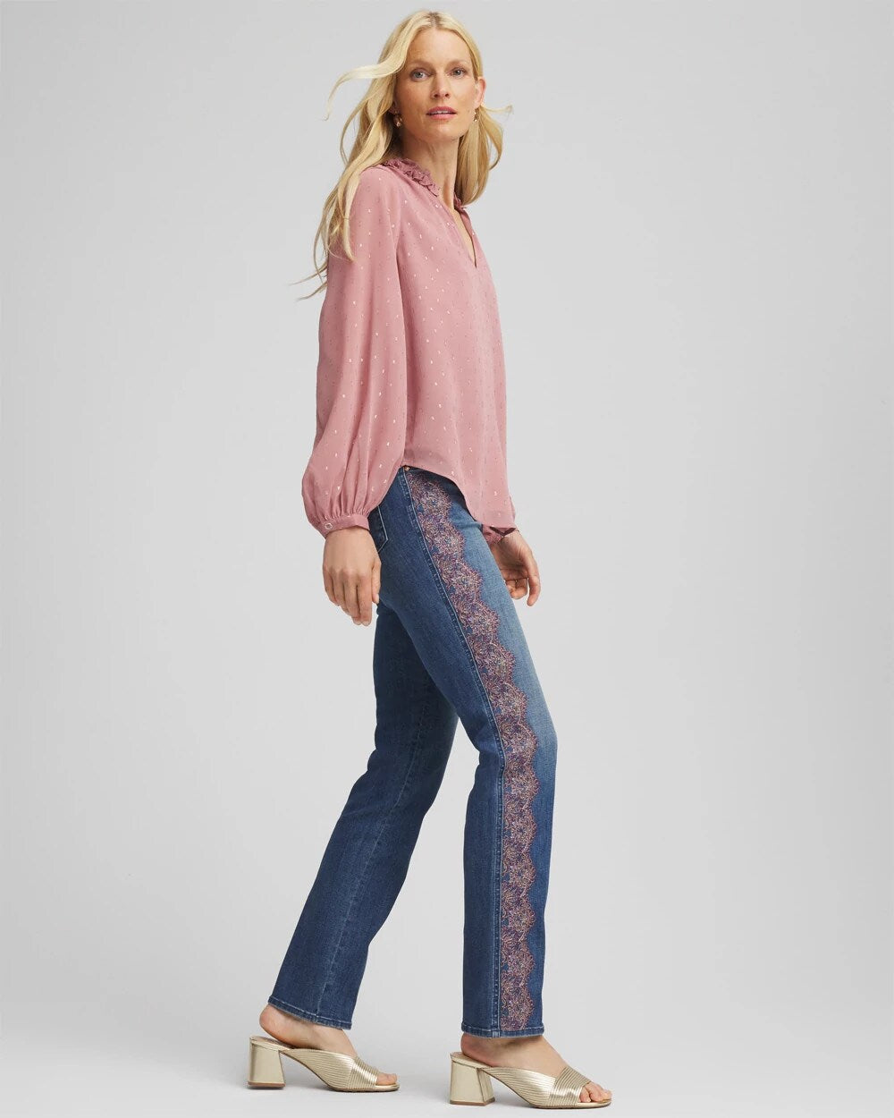 Chico's - Lace Embroidered Pull-On Straight Jeans