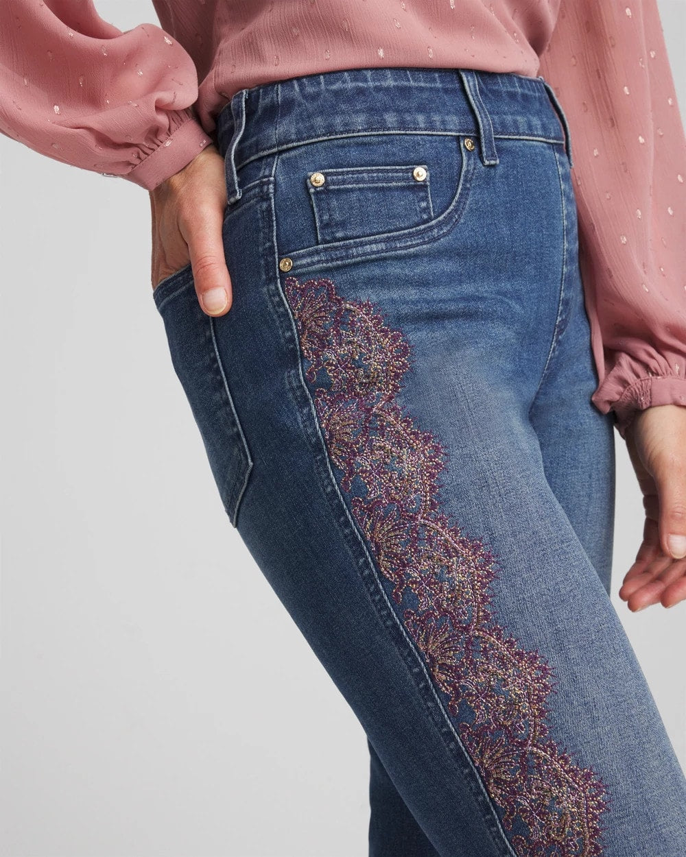Chico's - Lace Embroidered Pull-On Straight Jeans
