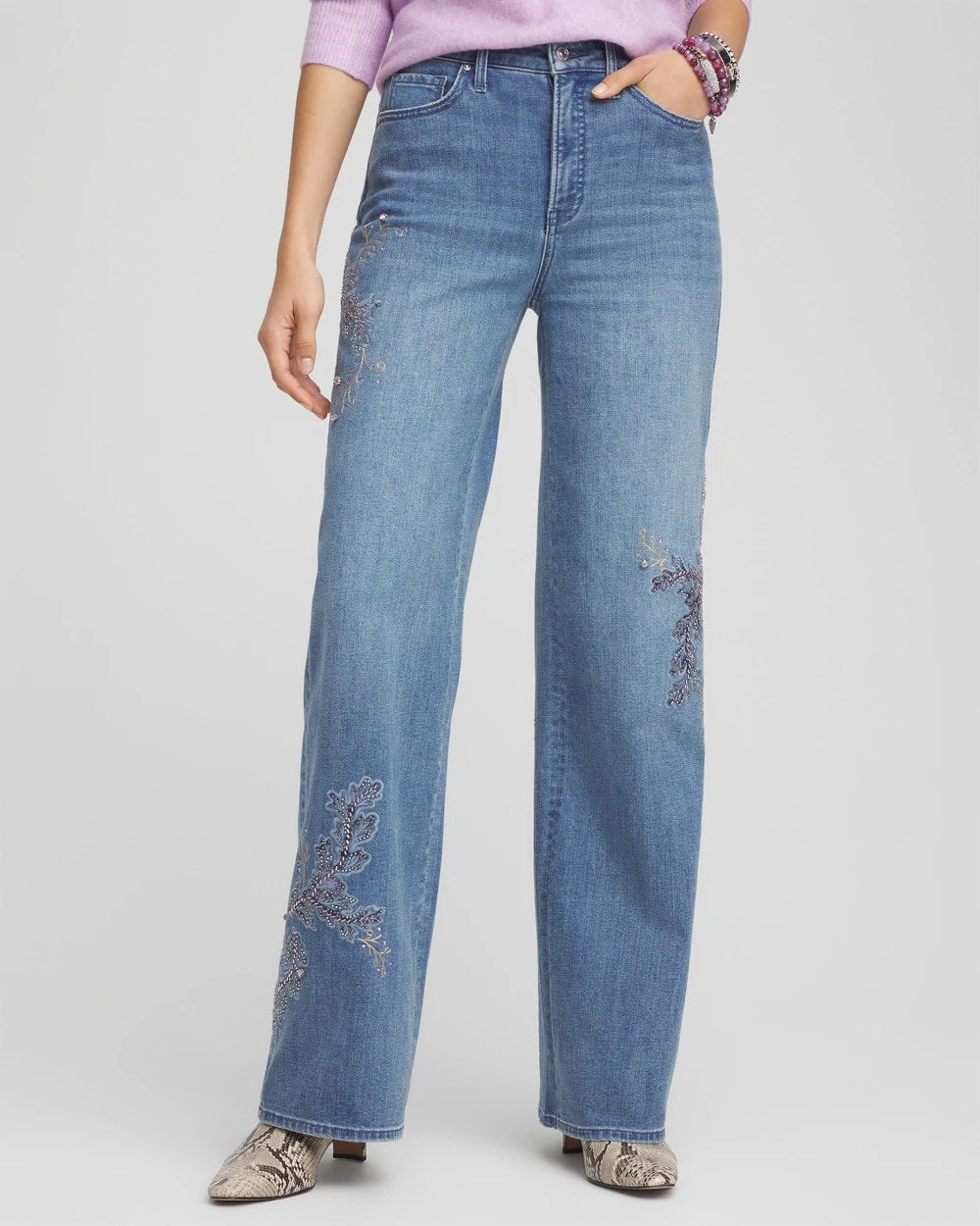 Chico's - Embellished High Rise Wide Leg Jeans