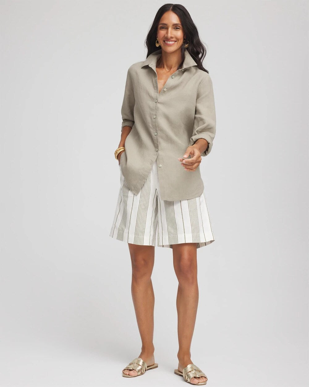 Chico's - Striped Cotton-Linen Pull-On Utility Shorts