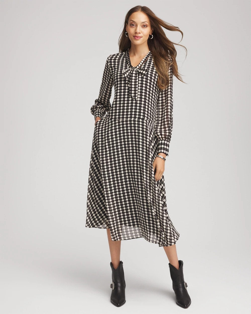 Chico's - Chiffon Clip-Dot Tie-Neck Dress