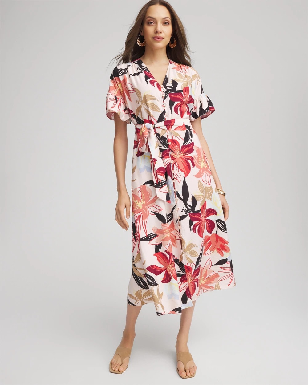 Chico's - Tonal Floral Ruffle-Sleeved Midi Dress