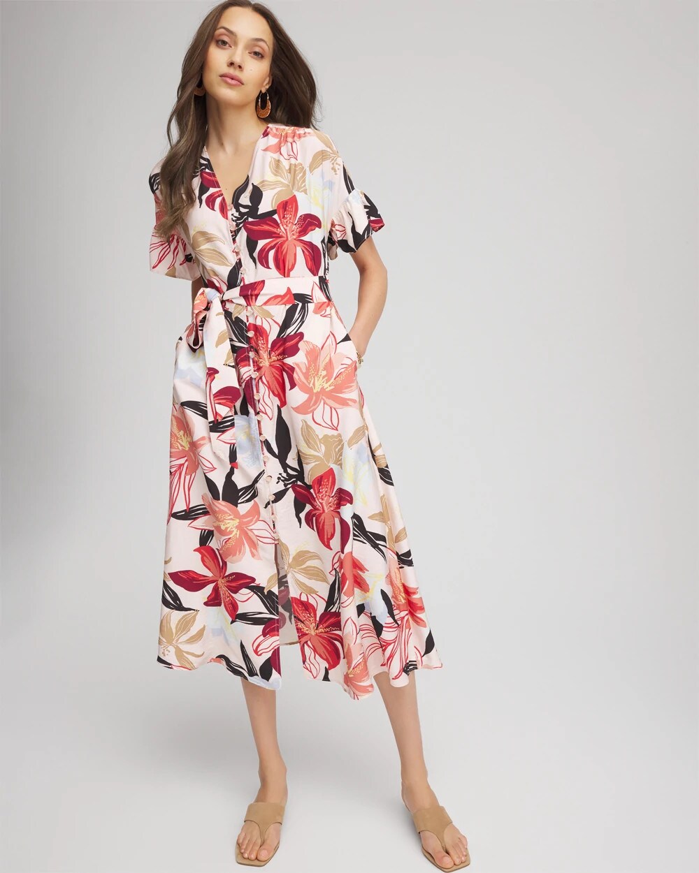 Chico's - Tonal Floral Ruffle-Sleeved Midi Dress