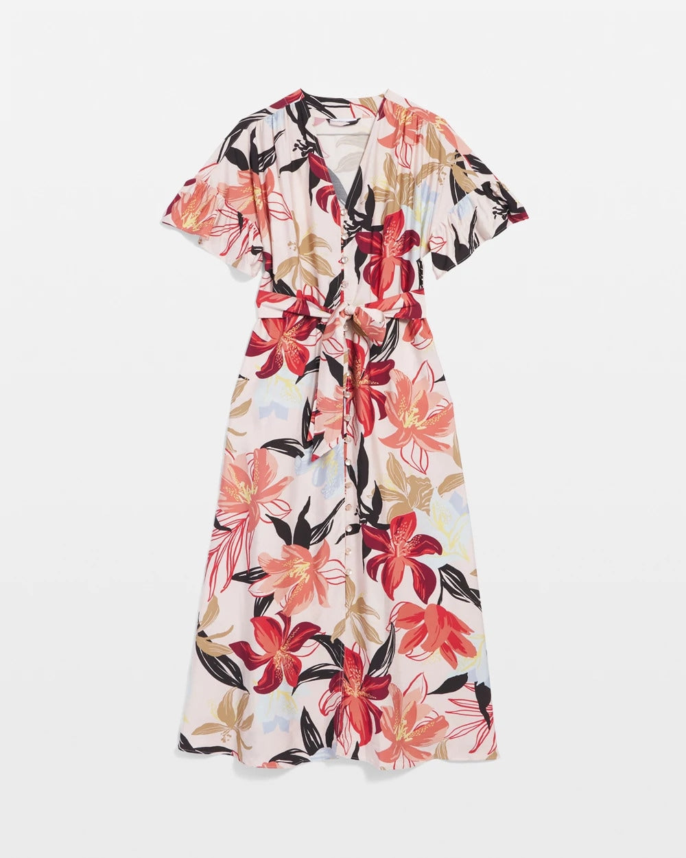 Chico's - Tonal Floral Ruffle-Sleeved Midi Dress