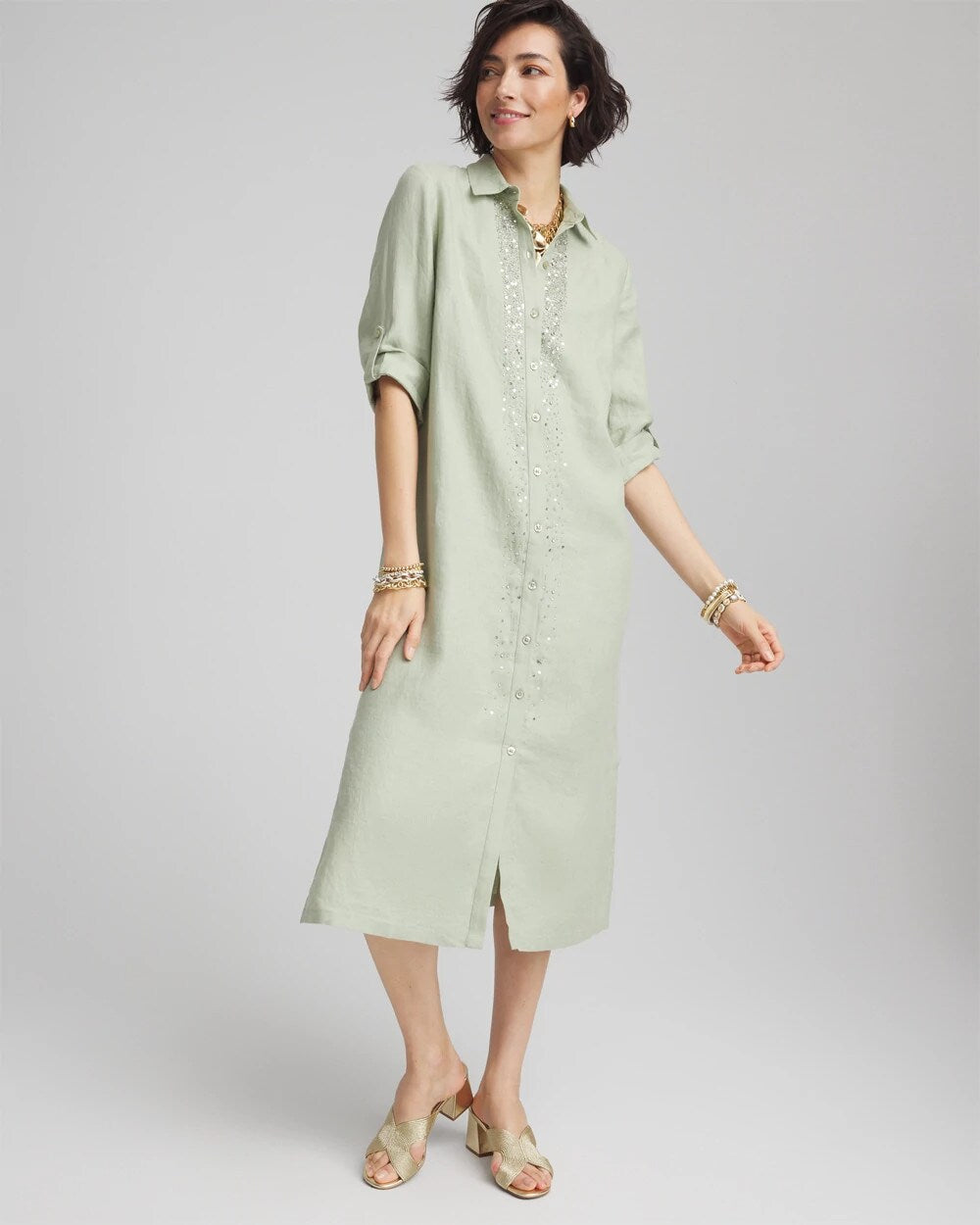 Chico's - Linen Embellished Midi Shirt Dress