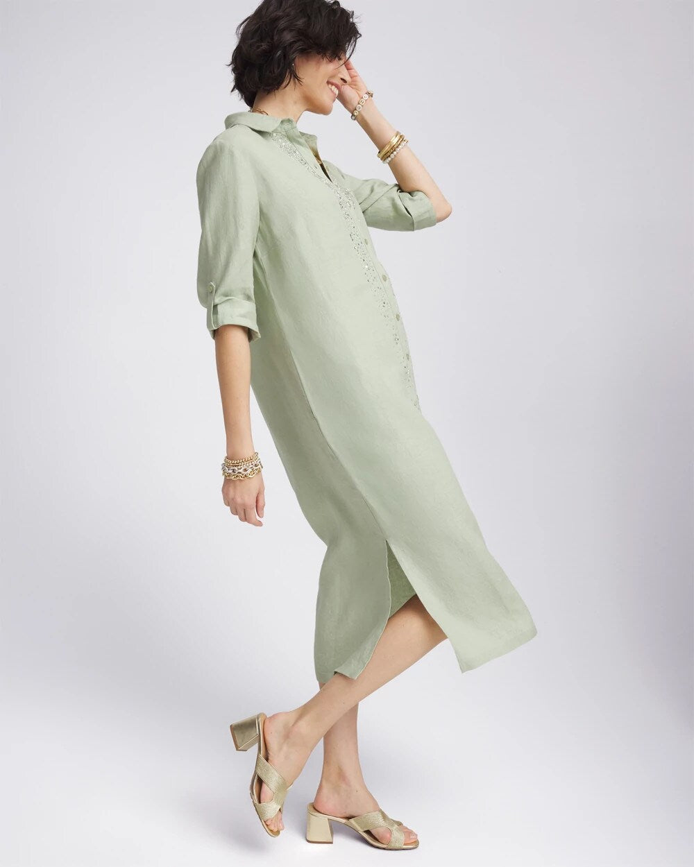 Chico's - Linen Embellished Midi Shirt Dress