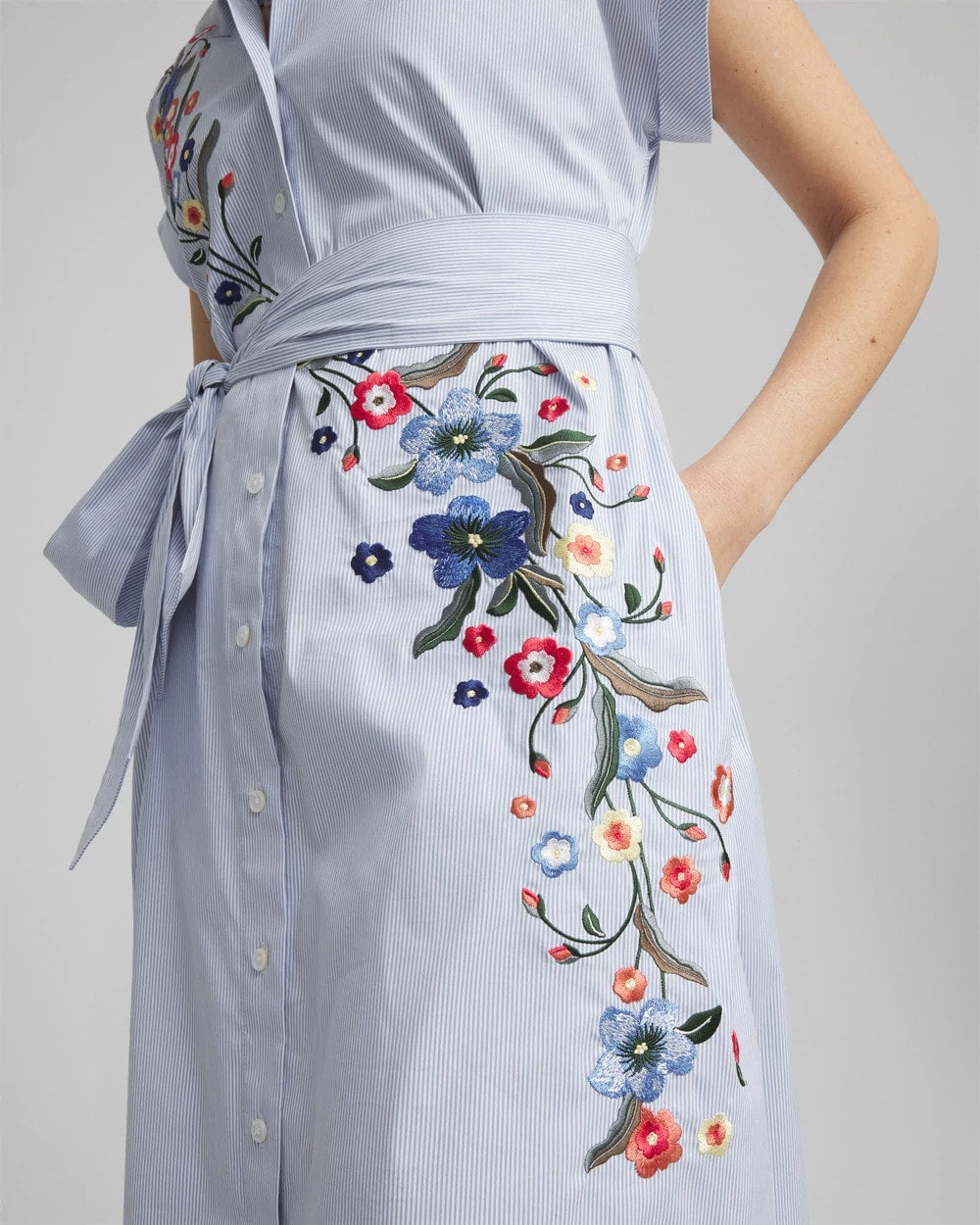 Chico's - Striped Embroidered Poplin Midi Shirtdress