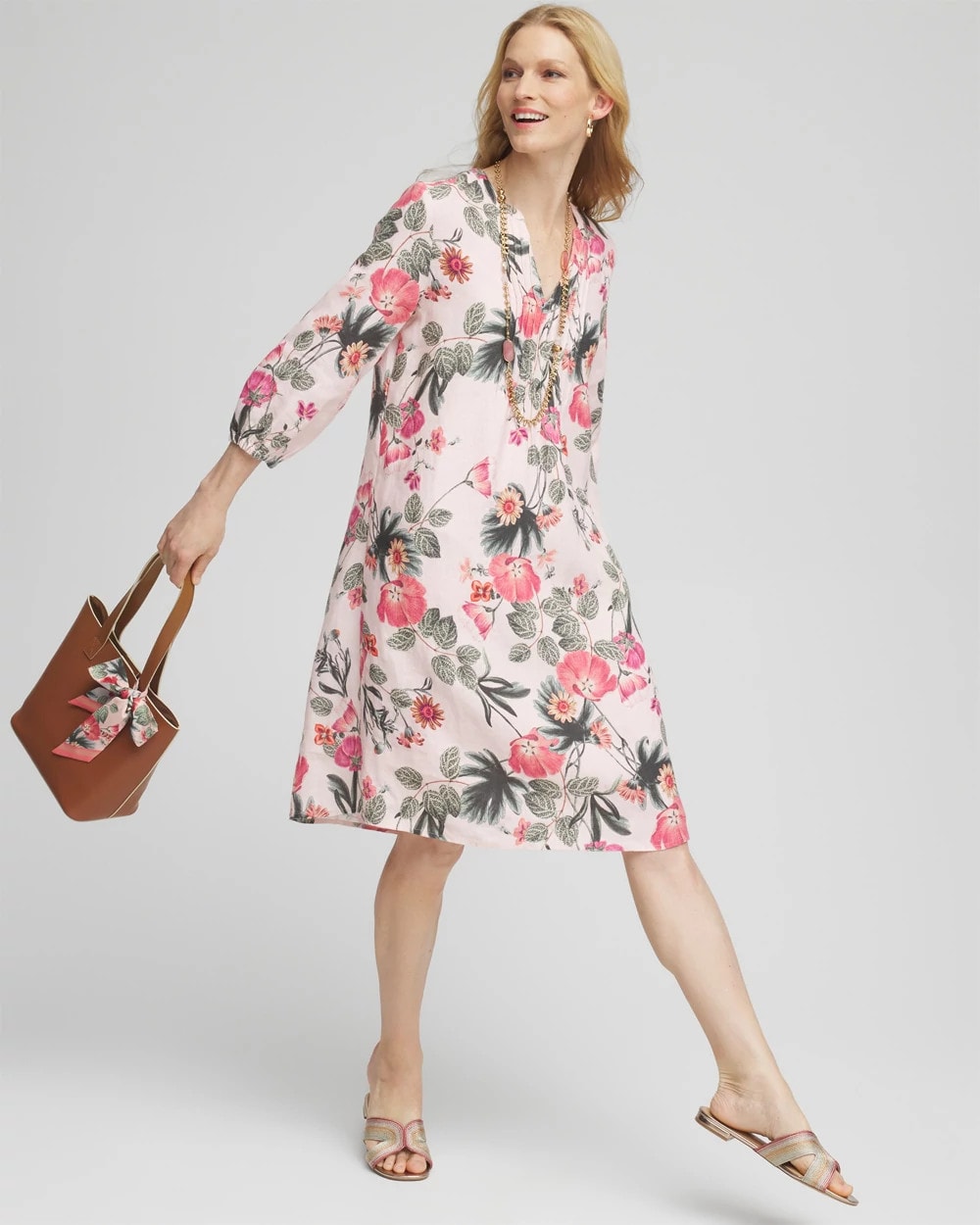 Chico's - Floral Linen Pintuck 3/4 Sleeved Dress