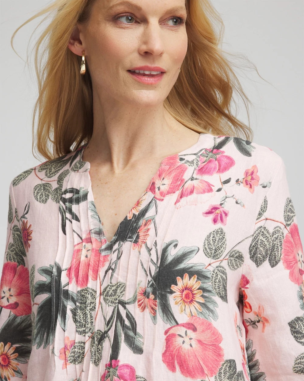 Chico's - Floral Linen Pintuck 3/4 Sleeved Dress