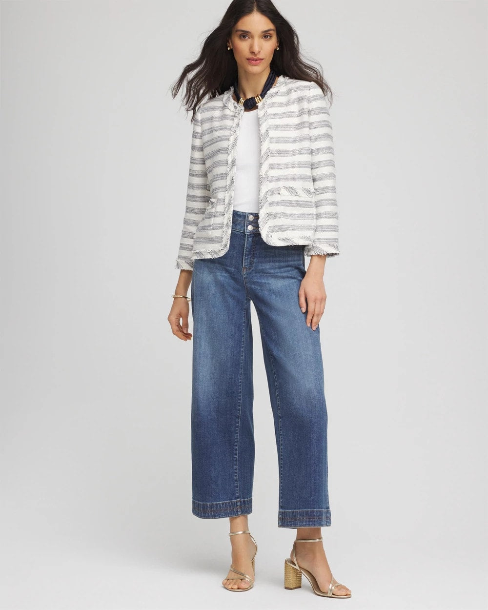 Chico's - Striped Tweed Collarless Box Jacket