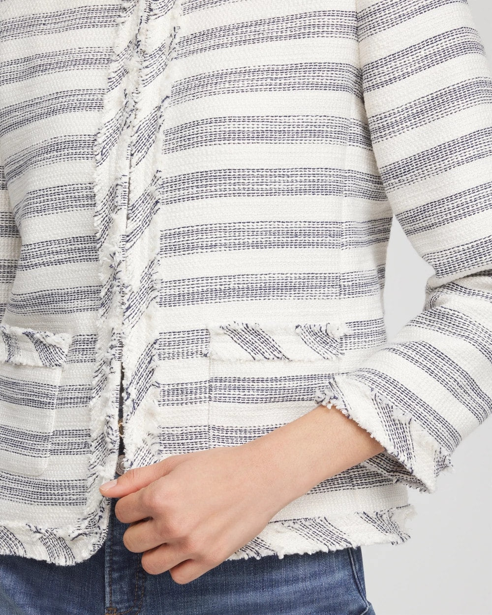 Chico's - Striped Tweed Collarless Box Jacket