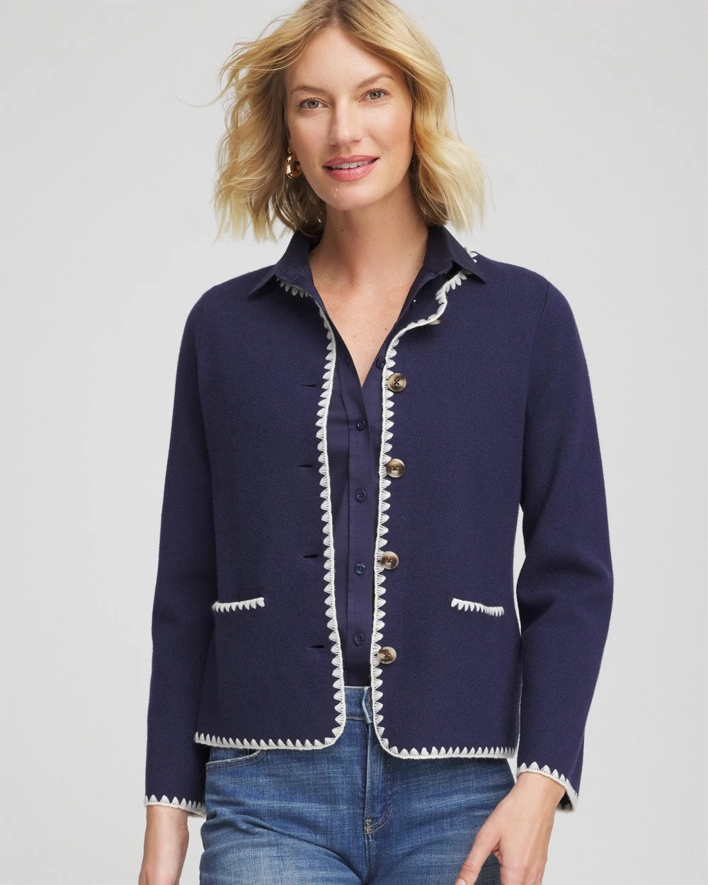 Chico's - Blanket Stitch Crewneck Cardigan