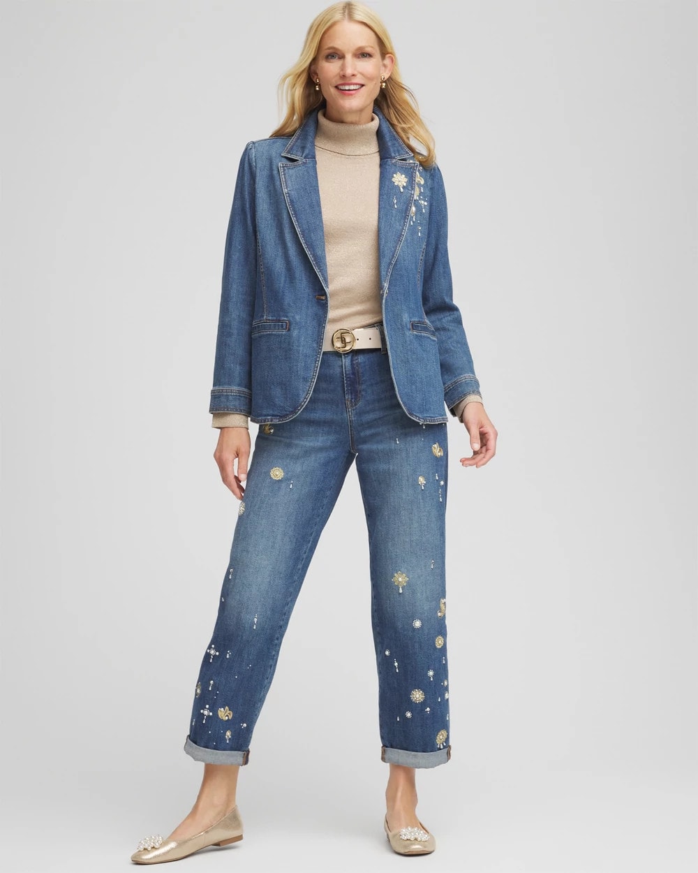 Chico's - Pearl Brooch Denim Blazer