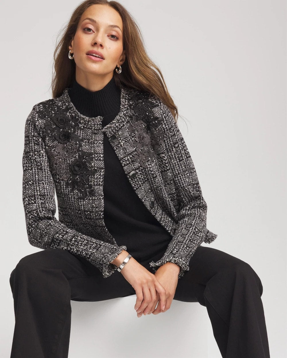 Chico's - Embroidered Metallic Tweed Cardigan