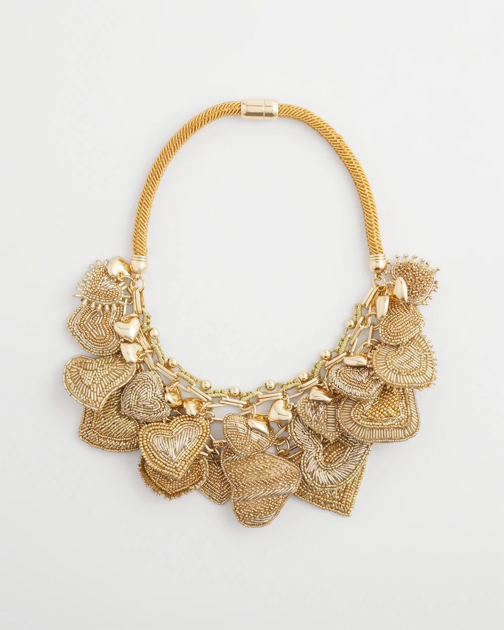Chico's - Gold Beaded Heart Charm Bib Necklace