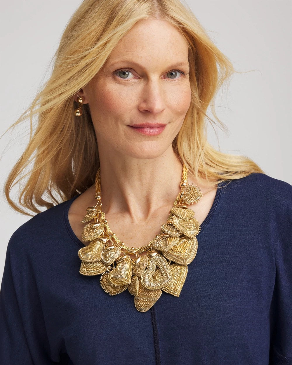 Chico's - Gold Beaded Heart Charm Bib Necklace