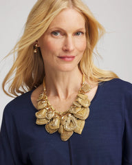 Chico's - Gold Beaded Heart Charm Bib Necklace