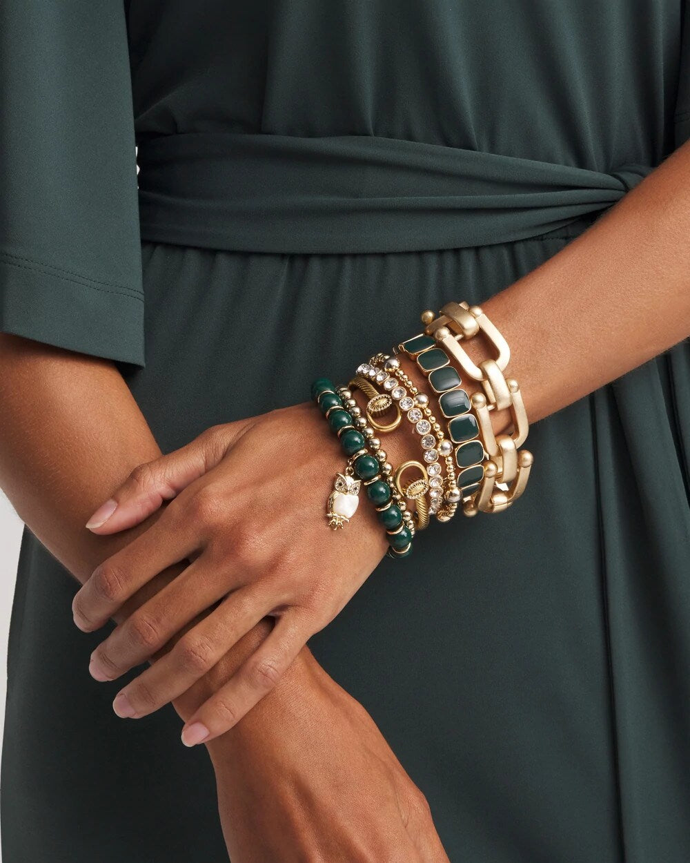 Chico's - Green & Gold Beaded Charm Bracelet