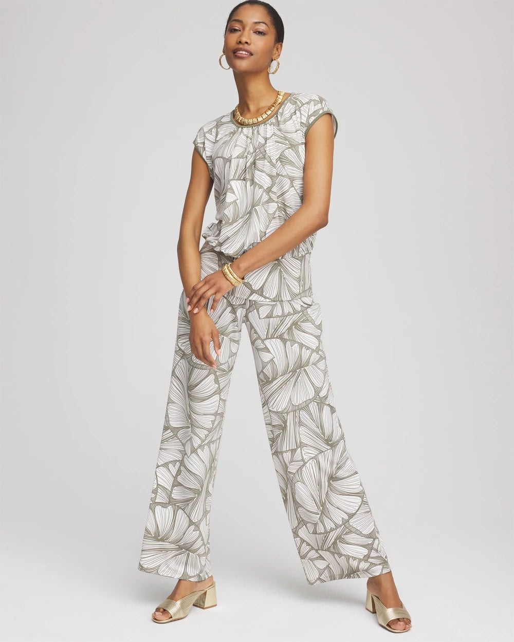 Chico's - Travelers™ Abstract Leaf Print Knit Wide-Leg Pants