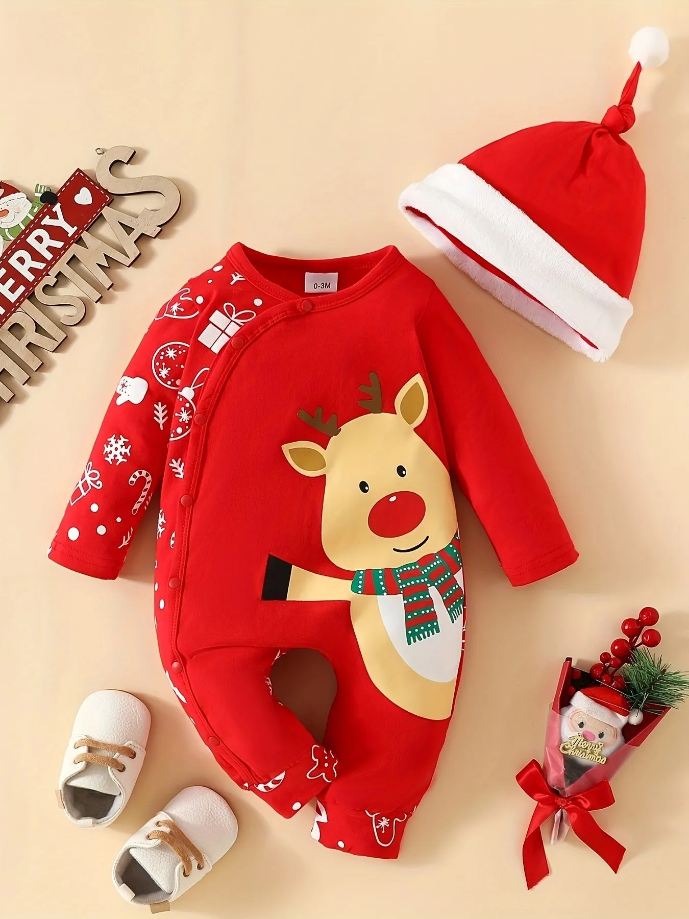 2pcs Baby Deep Red Christmas Cute Deer Print Gift Long Sleeve Bodysuit   Furry Hat 0-1 Years Old Girls Christmas Costume Clothes Behind Winter Snowflake Print Love Gifts From Mom Dad For Kids, Suitable For Indoor And Outdoor Wear