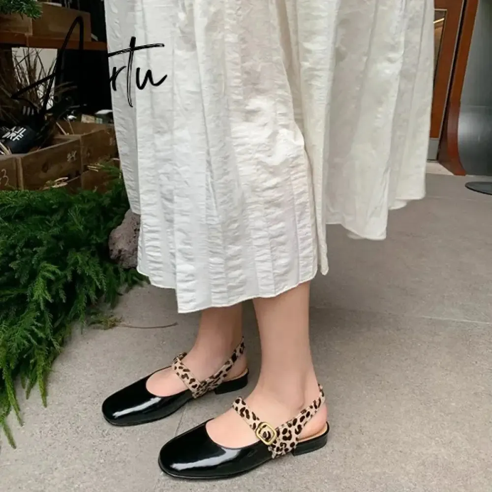 Aiertu HOT SALE Spring Women Pumps Patent Leather Round Toe Splicing Leopard Print One-line Buckle Low-heel Women Shoes Mary Jane Shoes