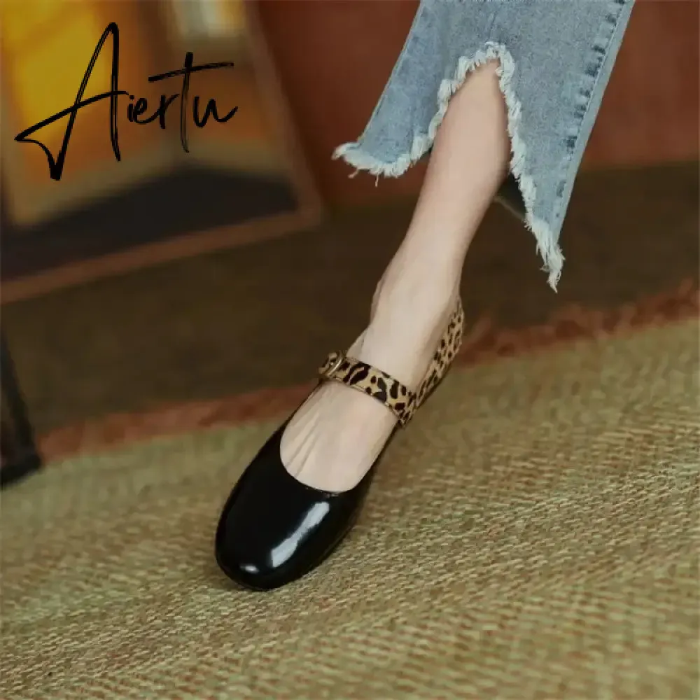 Aiertu HOT SALE Spring Women Pumps Patent Leather Round Toe Splicing Leopard Print One-line Buckle Low-heel Women Shoes Mary Jane Shoes