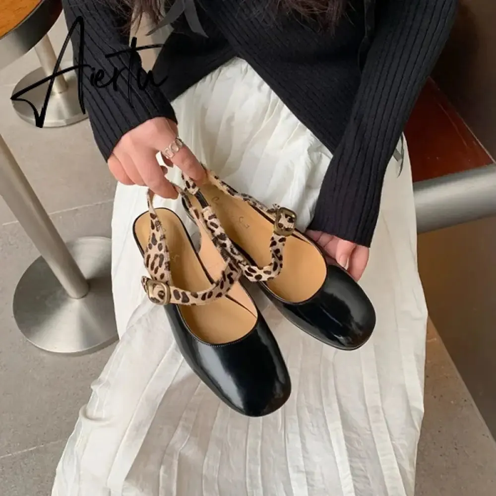 Aiertu HOT SALE Spring Women Pumps Patent Leather Round Toe Splicing Leopard Print One-line Buckle Low-heel Women Shoes Mary Jane Shoes