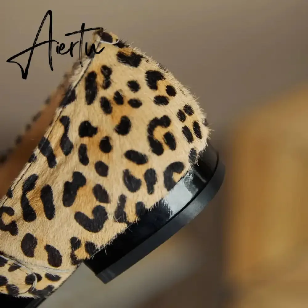 Aiertu HOT SALE Spring Women Pumps Patent Leather Round Toe Splicing Leopard Print One-line Buckle Low-heel Women Shoes Mary Jane Shoes