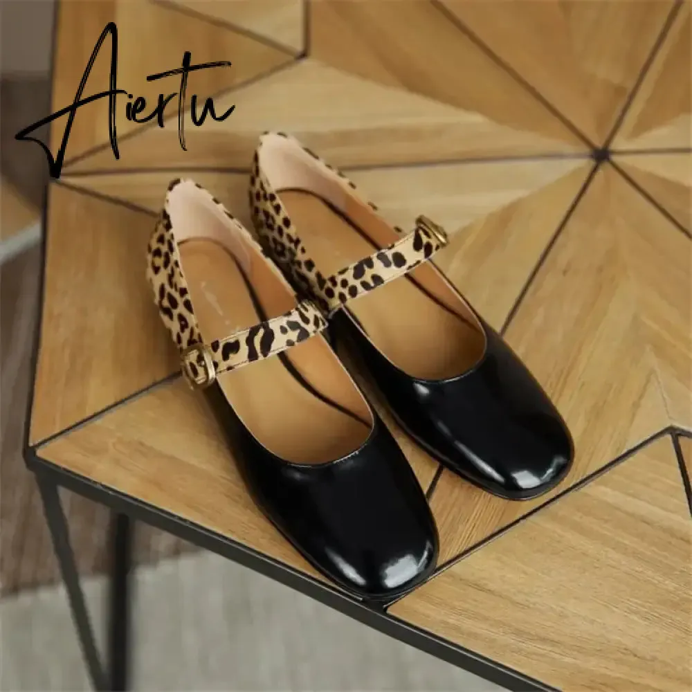 Aiertu HOT SALE Spring Women Pumps Patent Leather Round Toe Splicing Leopard Print One-line Buckle Low-heel Women Shoes Mary Jane Shoes