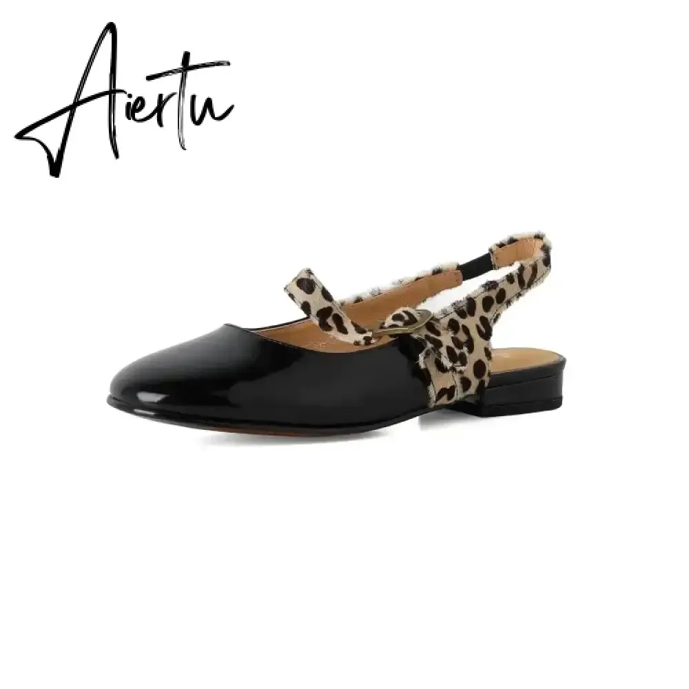 Aiertu HOT SALE Spring Women Pumps Patent Leather Round Toe Splicing Leopard Print One-line Buckle Low-heel Women Shoes Mary Jane Shoes