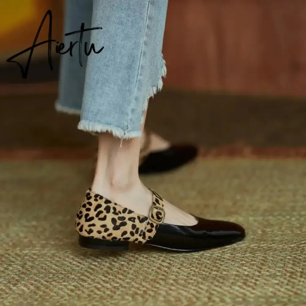 Aiertu HOT SALE Spring Women Pumps Patent Leather Round Toe Splicing Leopard Print One-line Buckle Low-heel Women Shoes Mary Jane Shoes