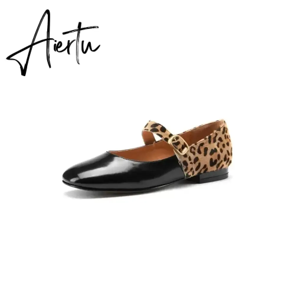 Aiertu HOT SALE Spring Women Pumps Patent Leather Round Toe Splicing Leopard Print One-line Buckle Low-heel Women Shoes Mary Jane Shoes