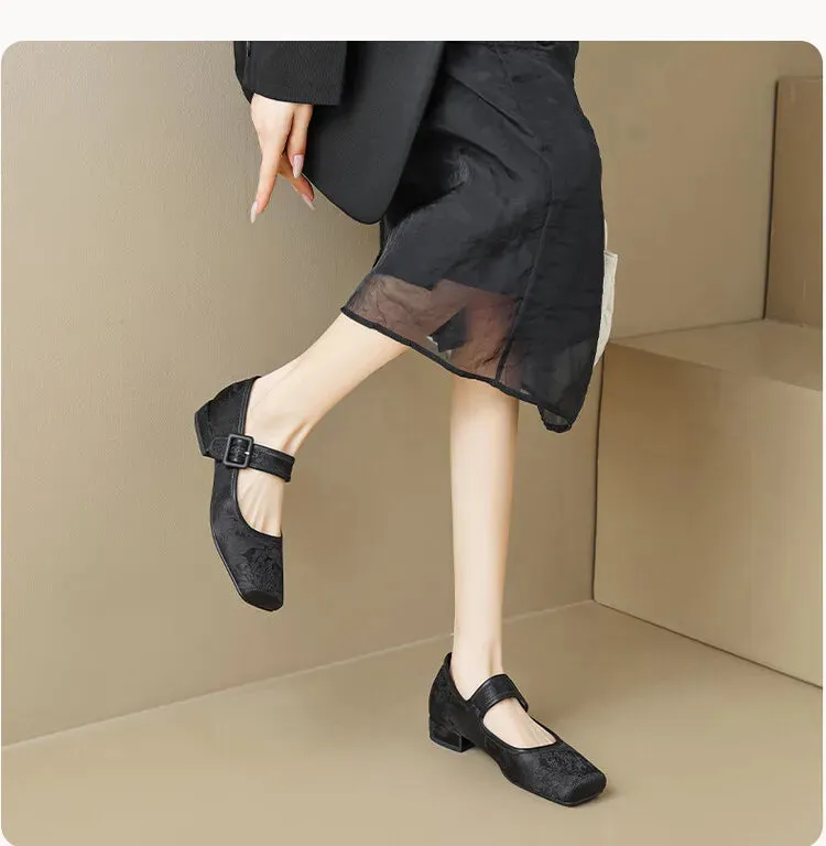 Aiertu NEW Spring/Autumn Women Pumps Square Toe Chunky Heel Shoes Satin Shoes for Women Elegant Low Heel Buckle Black Mary Jane Shoes