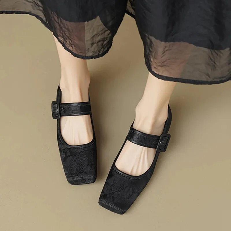 Aiertu NEW Spring/Autumn Women Pumps Square Toe Chunky Heel Shoes Satin Shoes for Women Elegant Low Heel Buckle Black Mary Jane Shoes