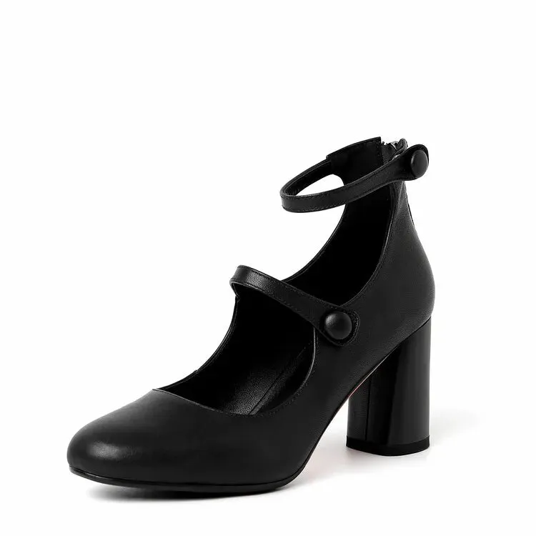 Aiertu Spring Women Pumps Split Leather Shoes for Women Round Toe Chunky Heel Shoes Retro Round Heel Mary Janes Solid Black Shoes