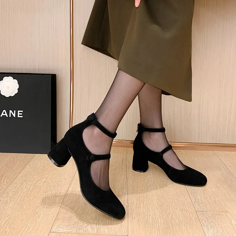 Aiertu Spring Women Pumps Split Leather Shoes for Women Round Toe Chunky Heel Shoes Retro Round Heel Mary Janes Solid Black Shoes