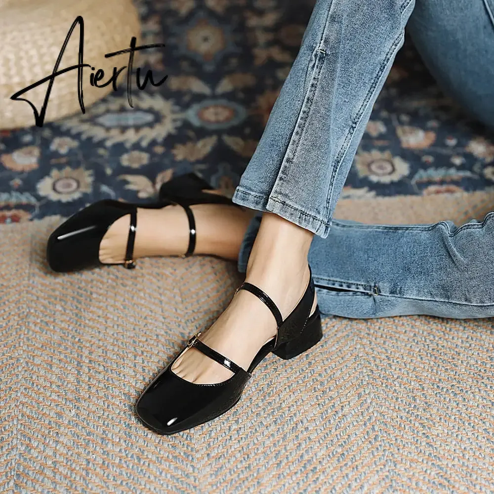 Aiertu Vintage Square Toe Buckle Band Mary Jane Flats Women Casual Loafers Flat Shoes Woman Ballerina Slip On Shallow Solid Moccasins