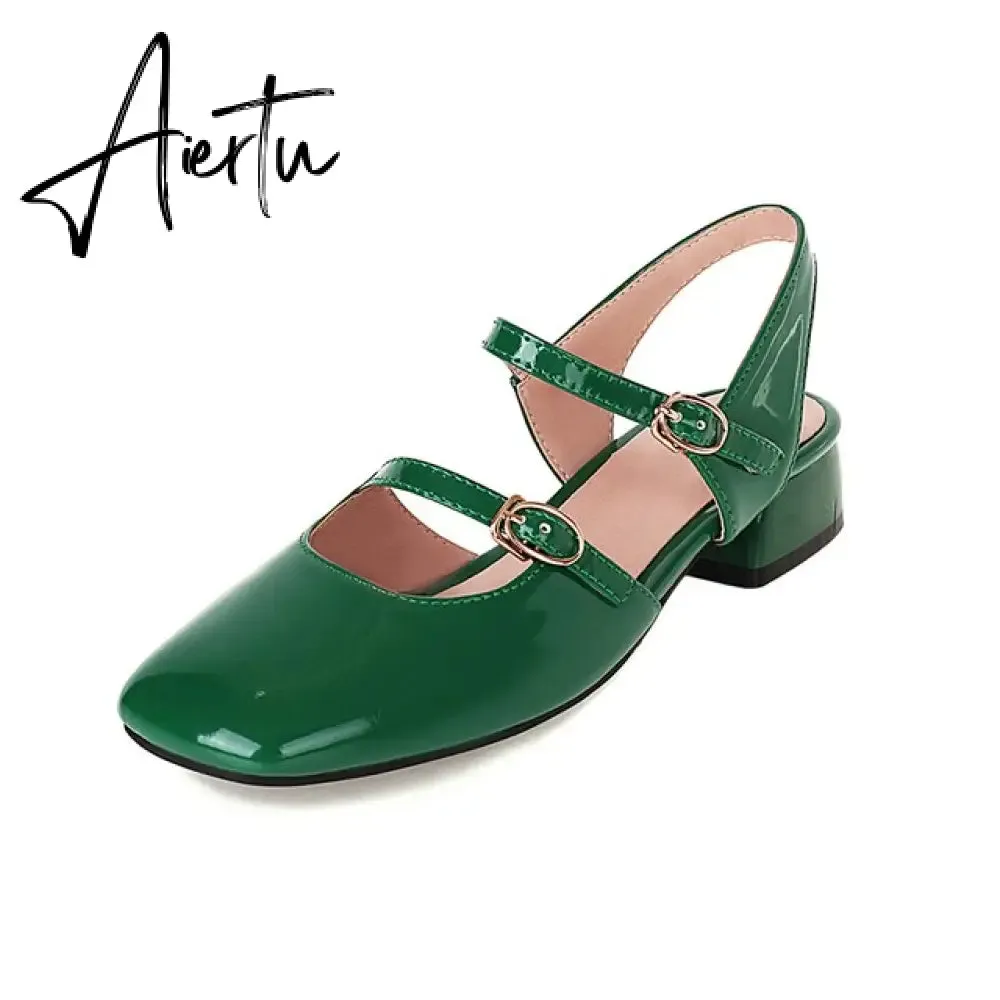 Aiertu Vintage Square Toe Buckle Band Mary Jane Flats Women Casual Loafers Flat Shoes Woman Ballerina Slip On Shallow Solid Moccasins