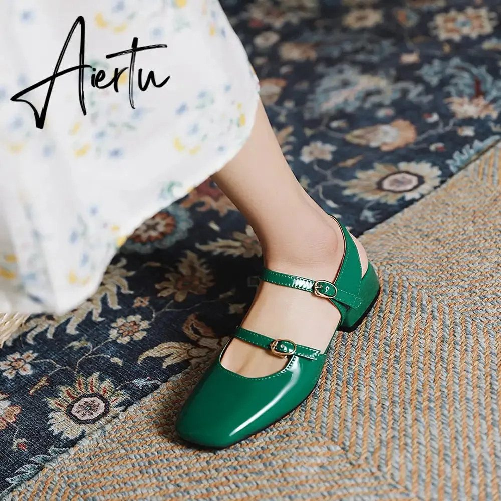 Aiertu Vintage Square Toe Buckle Band Mary Jane Flats Women Casual Loafers Flat Shoes Woman Ballerina Slip On Shallow Solid Moccasins