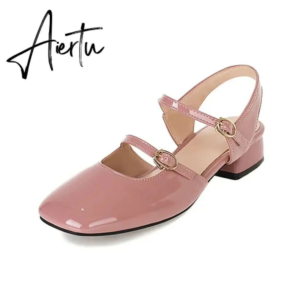 Aiertu Vintage Square Toe Buckle Band Mary Jane Flats Women Casual Loafers Flat Shoes Woman Ballerina Slip On Shallow Solid Moccasins