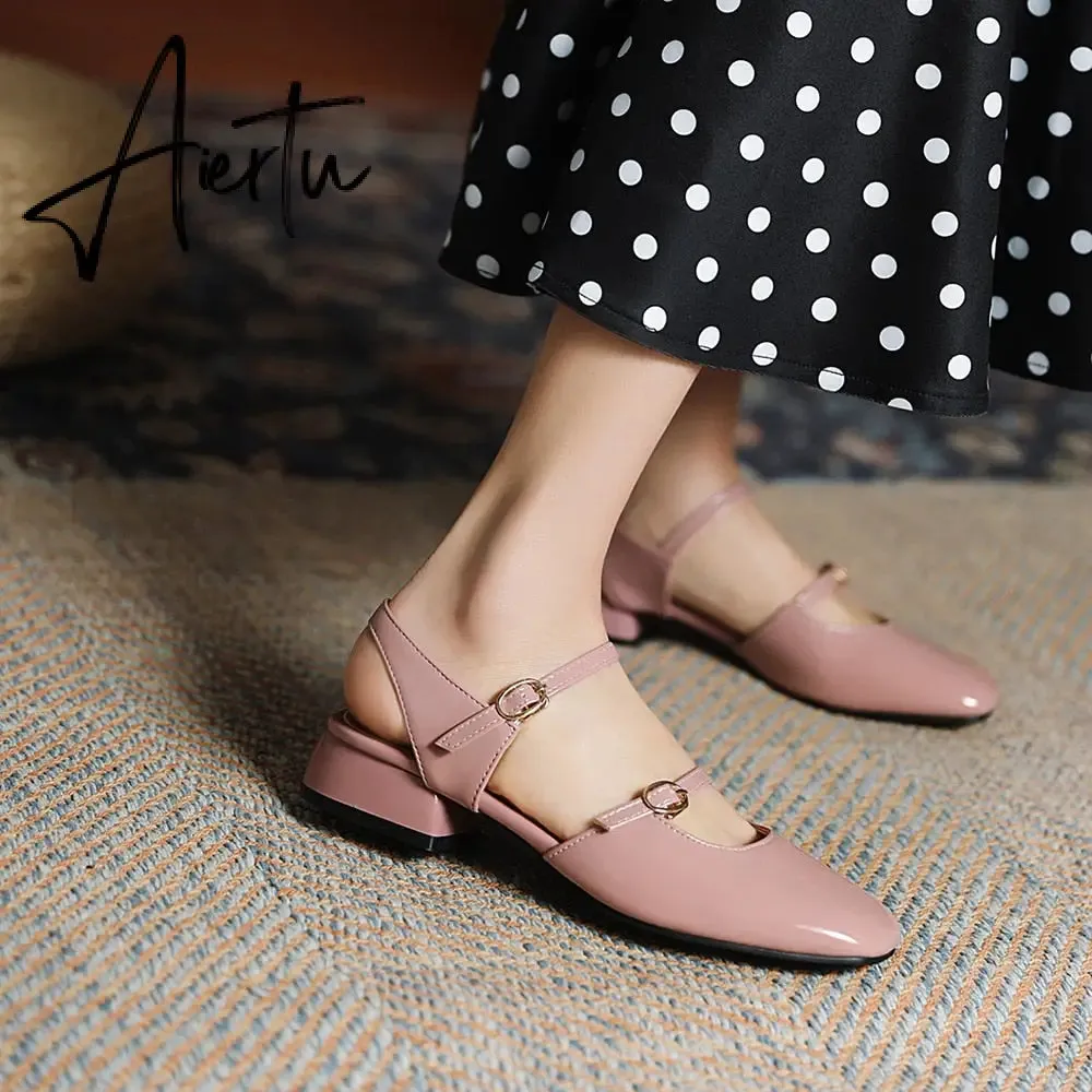 Aiertu Vintage Square Toe Buckle Band Mary Jane Flats Women Casual Loafers Flat Shoes Woman Ballerina Slip On Shallow Solid Moccasins