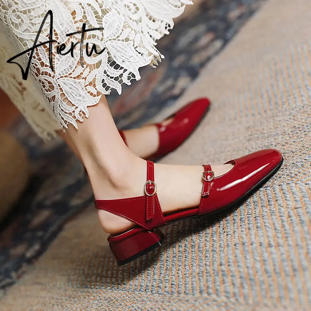 Aiertu Vintage Square Toe Buckle Band Mary Jane Flats Women Casual Loafers Flat Shoes Woman Ballerina Slip On Shallow Solid Moccasins