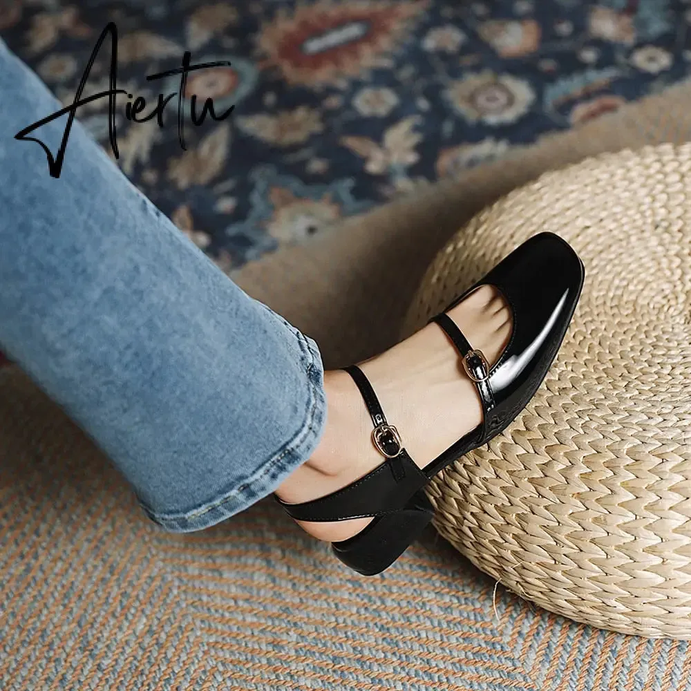 Aiertu Vintage Square Toe Buckle Band Mary Jane Flats Women Casual Loafers Flat Shoes Woman Ballerina Slip On Shallow Solid Moccasins